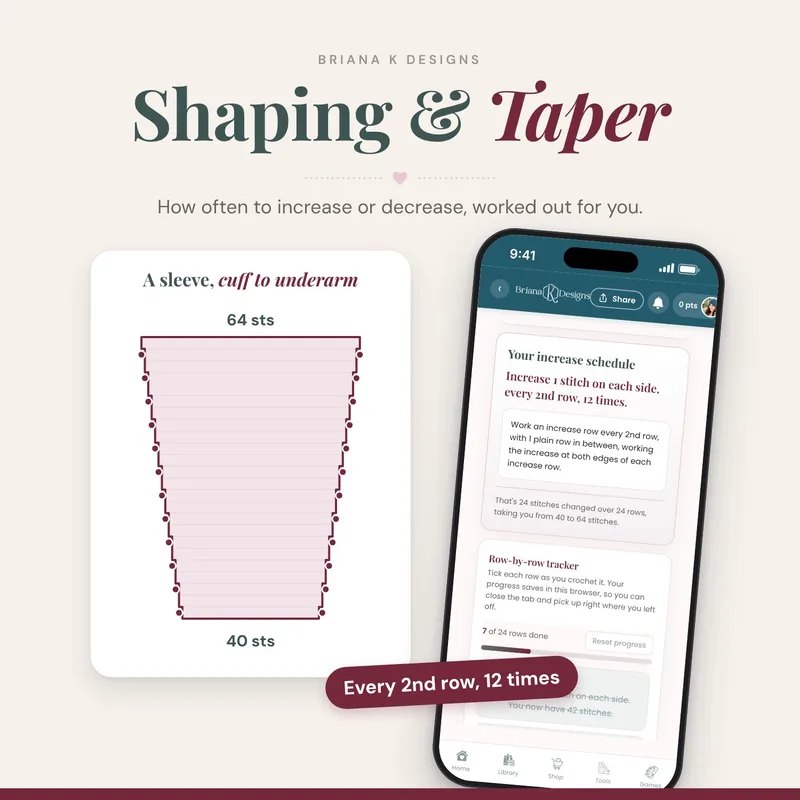 Taper Calculator crochet tool from the Briana K Stitch app