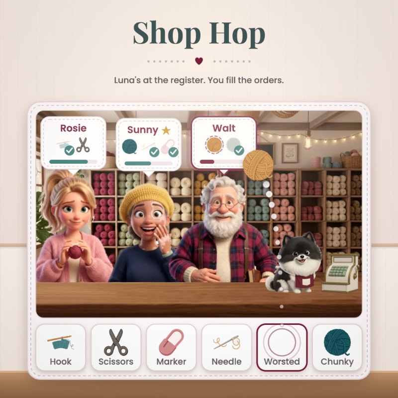 A digital game interface showing three characters behind a craft store counter with order boxes above them and a tool selection menu at the bottom.