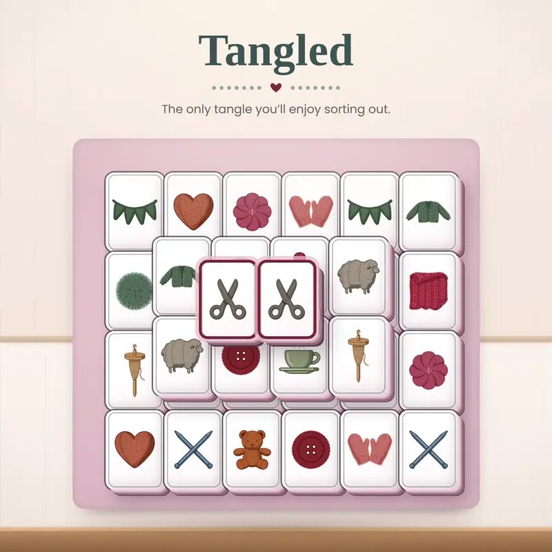 A Mahjong-style tile matching game titled “Tangled,” showing various knitting-themed icons on a grid of light pink tiles.