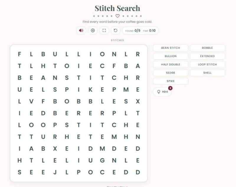 A new Stitch Search puzzle using the Stitches word pack on a medium board, with the word list beside the grid