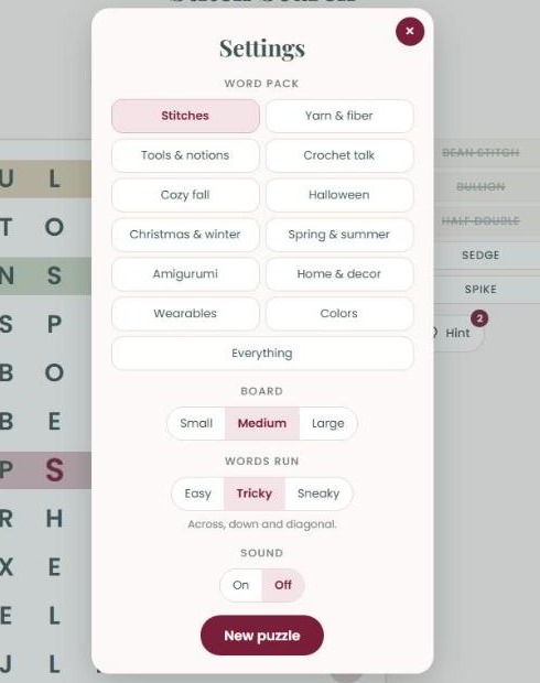 Stitch Search settings panel showing word packs, board size, how words run, and sound options