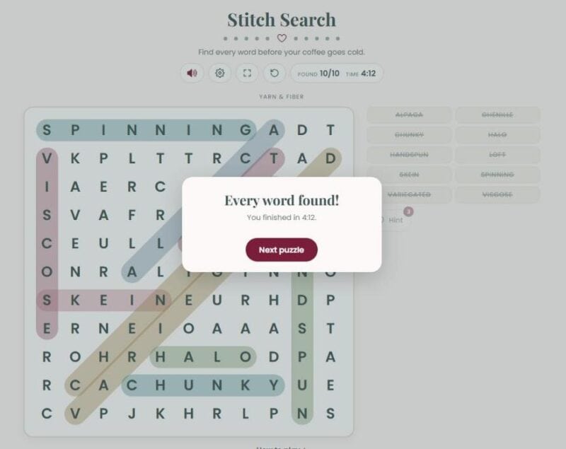Stitch Search finished puzzle with every word found and a finish time of 4:12