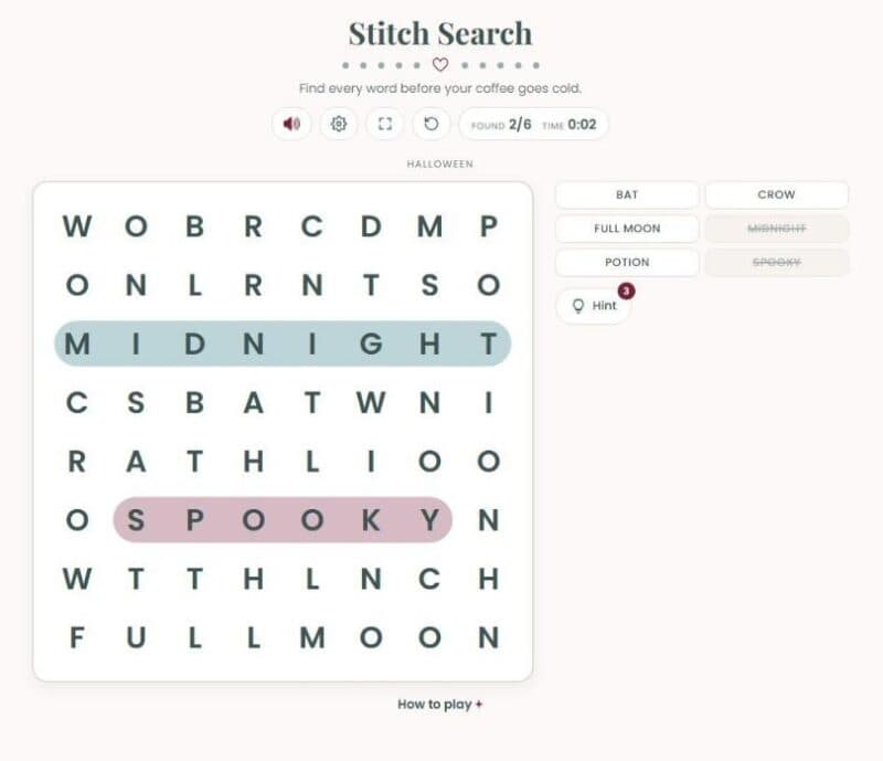 An easy Stitch Search puzzle on a small board using the Halloween word pack, with words running across and down