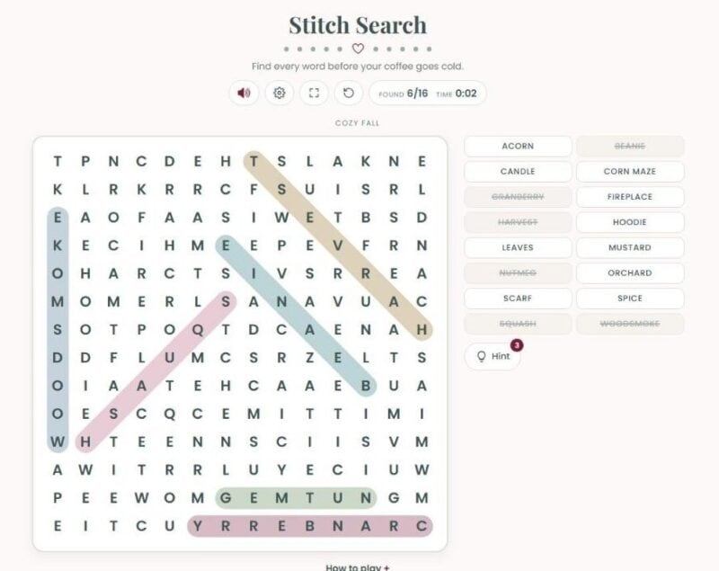 A sneaky Stitch Search puzzle on a large board using the Cozy fall word pack, with diagonal and backwards words circled