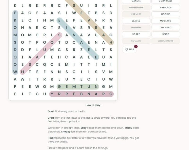 The How to play section of Stitch Search open below the puzzle board
