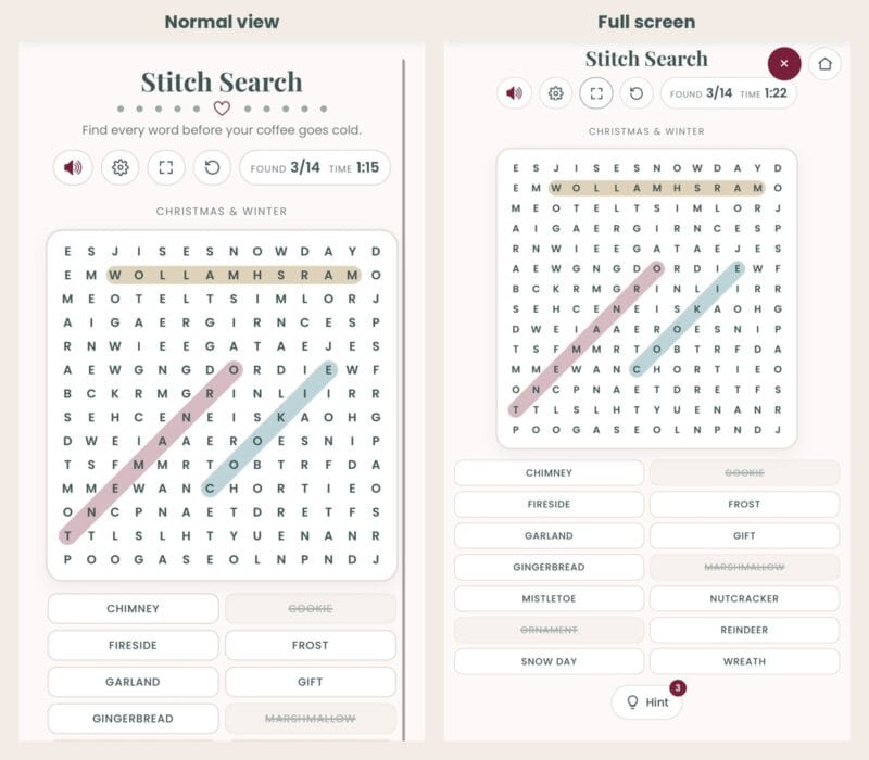 Stitch Search on a phone shown side by side in normal view and full screen, with the full word list visible in full screen