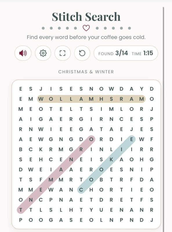 Stitch Search crochet word search game with the Christmas and winter word pack in play