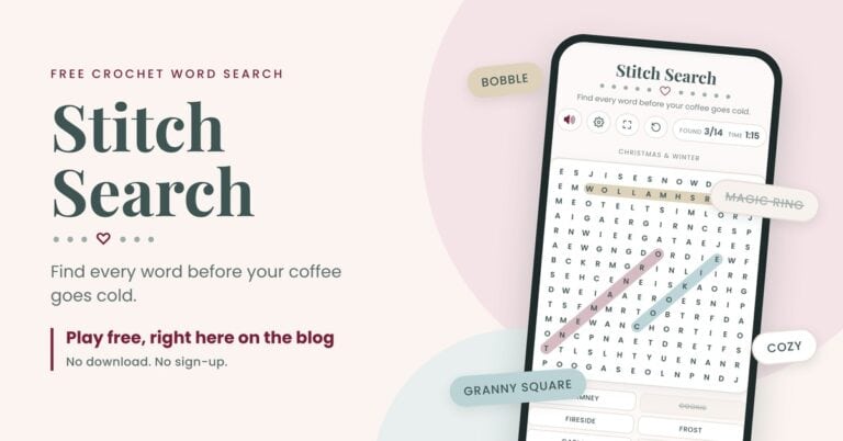 Stitch Search crochet word search game with crochet stitch names circled in the letter grid