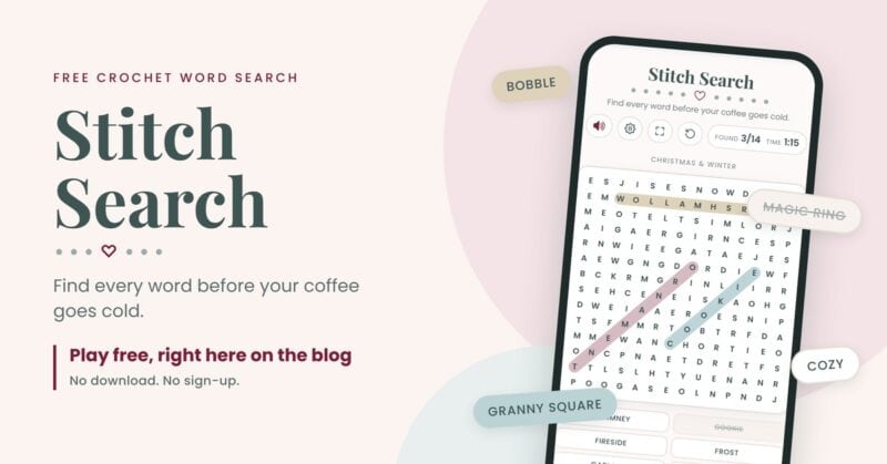 Stitch Search crochet word search game with crochet stitch names circled in the letter grid