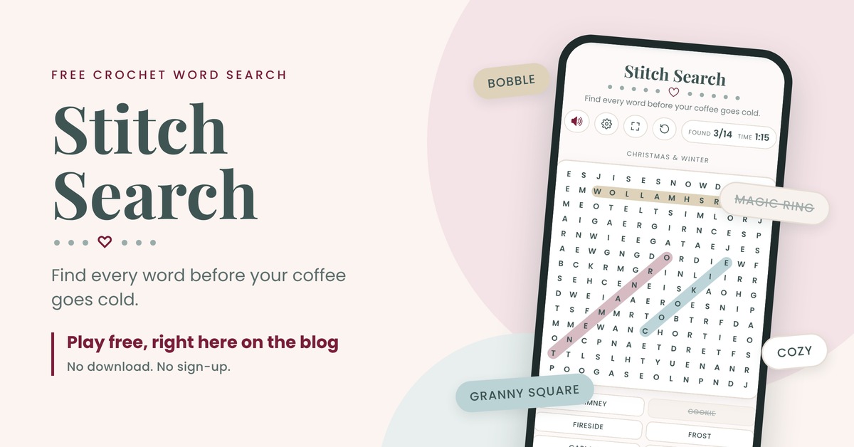Stitch Search crochet word search game with crochet stitch names circled in the letter grid