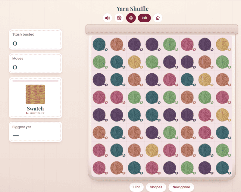Fresh Yarn Shuffle game board with score, moves, Swatch project card and balls of yarn in six colors