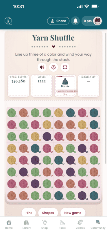 Yarn Shuffle crochet game playing on a phone in the Briana K Stitch app