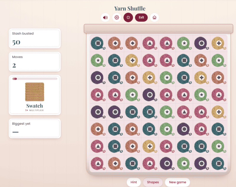 Yarn Shuffle with Shapes turned on, showing a symbol on each yarn color