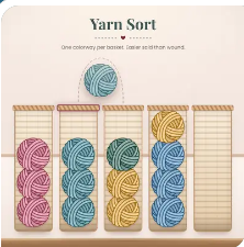 Yarn Sort crochet game tile with yarn balls sorted into baskets