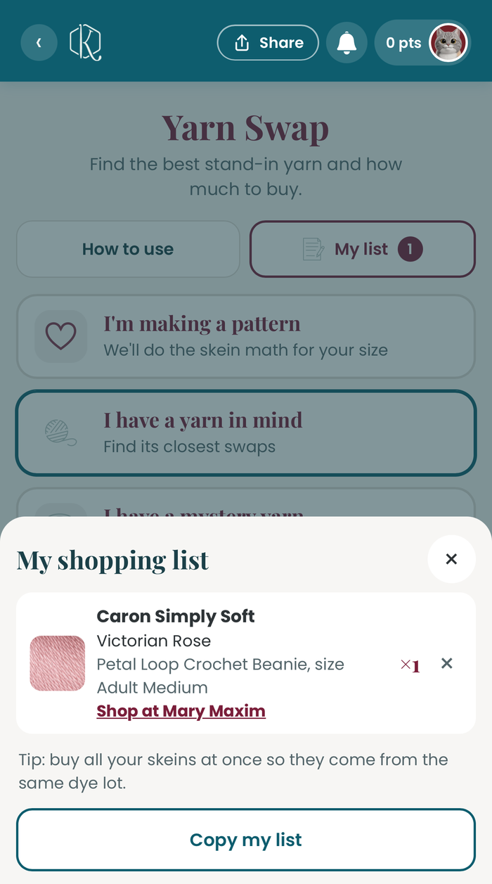 My shopping list with 1 skein of Caron Simply Soft in Victorian Rose for the Petal Loop Crochet Beanie, size Adult Medium, with a Shop at Mary Maxim link