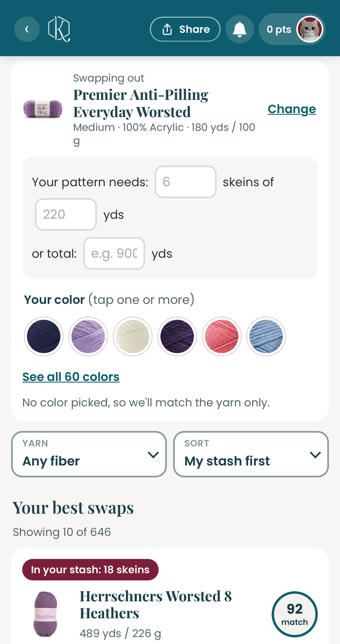 Yarn Swap sorted by My stash first, with Herrschners Worsted 8 Heathers at the top marked In your stash: 18 skeins