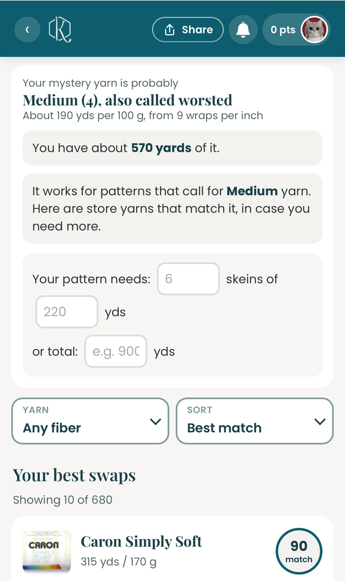 Mystery yarn result: probably Medium (4) worsted, about 190 yards per 100 grams, about 570 yards on hand