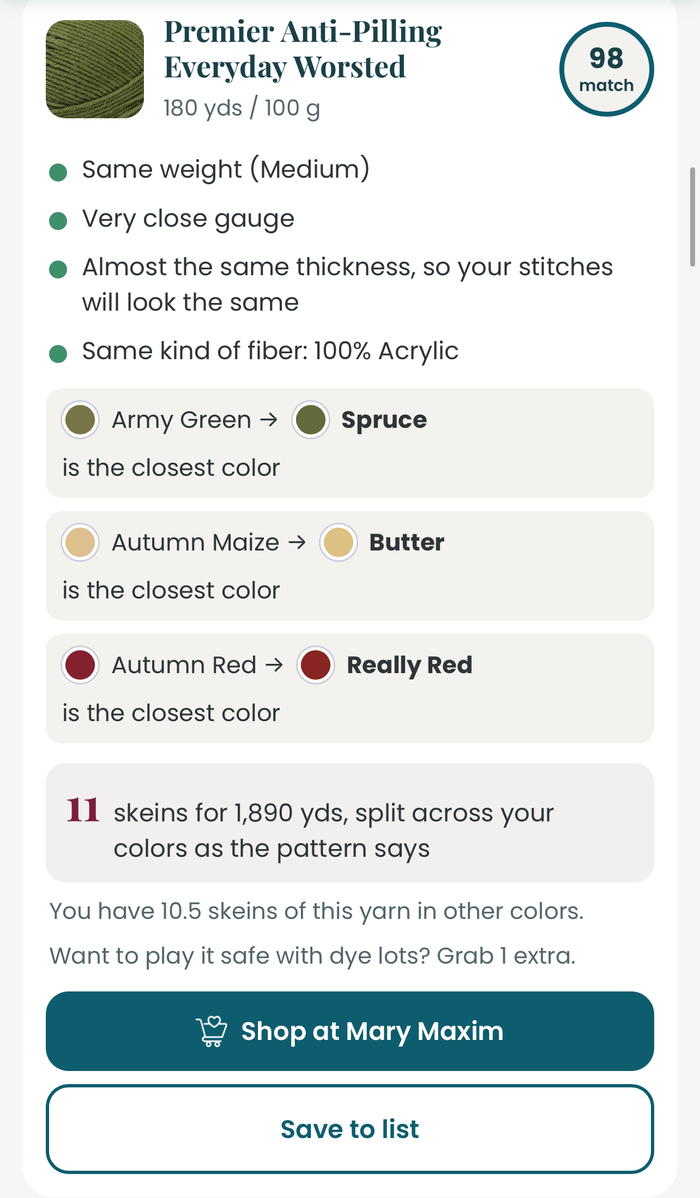 Swap card for Premier Anti-Pilling Everyday Worsted matching Army Green to Spruce, Autumn Maize to Butter, and Autumn Red to Really Red, with 11 skeins split across the colors