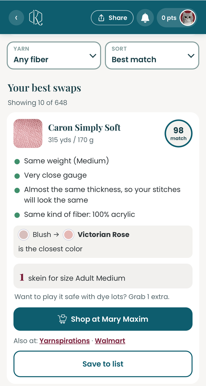 Swap card for Caron Simply Soft with a 98 match, Victorian Rose as the closest color to Blush, and 1 skein for size Adult Medium