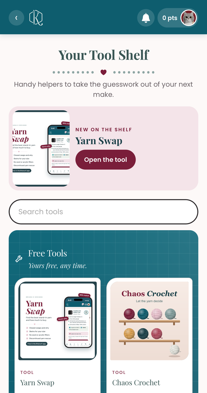 The Tools tab in the Briana K Stitch app with Yarn Swap new on the shelf under Free Tools
